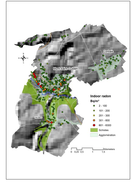 Carte détaillée des teneurs en radon à Mont-Saint-Guibert